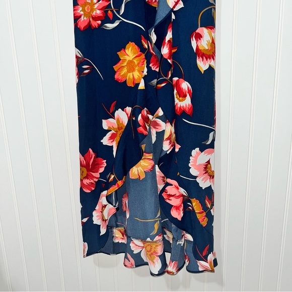 VICI capriccio satin floral ruffle navy wrap maxi dress size small - Picture 15 of 15